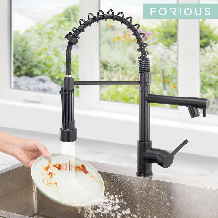 FORIOUS Wasserhahn Küche Schwarz,Edelstahl-Küchenarmatur Spülarmaturen Küche, Zweigriff-Mischbatteri
