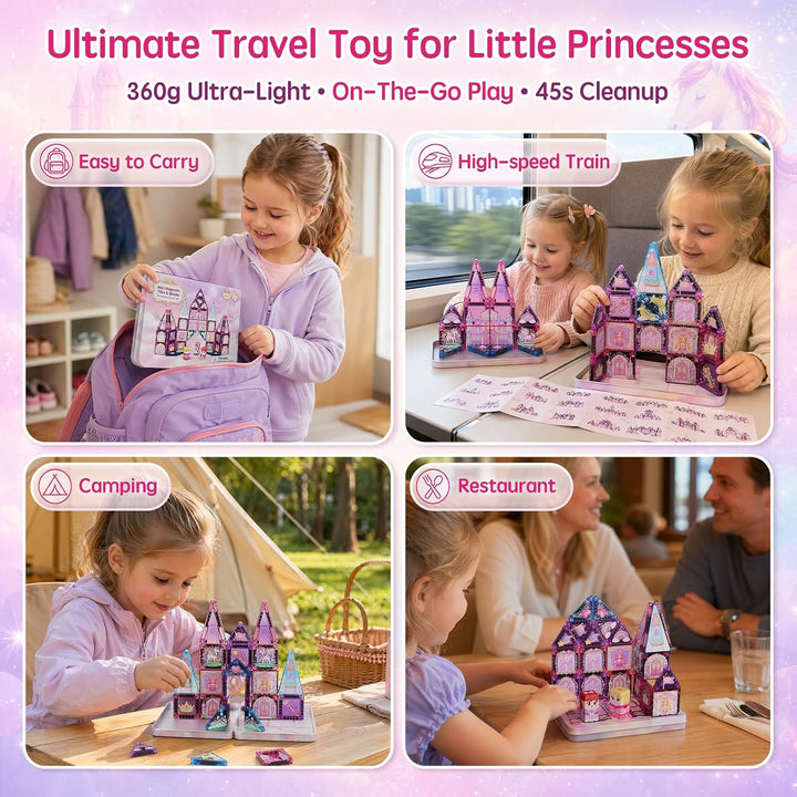burgkidz Magnetische Bausteine Reisespielzeug für Mädchen: 42 Teile Prinzessin Einhorn Magnetische T