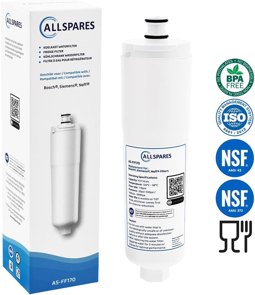 AllSpares Wasserfilter für Kühlschrank geeignet für Bosch Siemens CS-52 / CS-51/640565 und 3M 700200