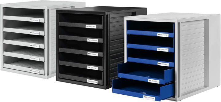 HAN Schubladenbox SCHRANK-SET mit 5 offenen Schubladen für Unterlagen bis DIN C4, auf dem Schreibtis