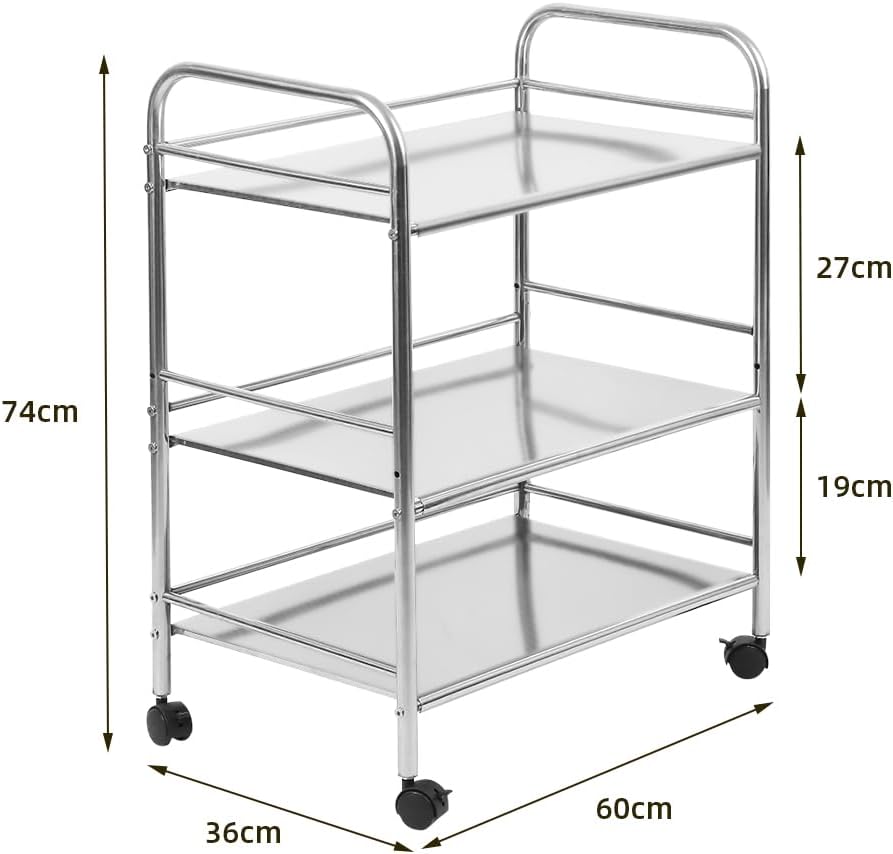 Kedia 3 Regale mit Rollen Edelstahl Küchenwagen mit Rollen Multifunktions Servierwagen (61 x 36 x 75