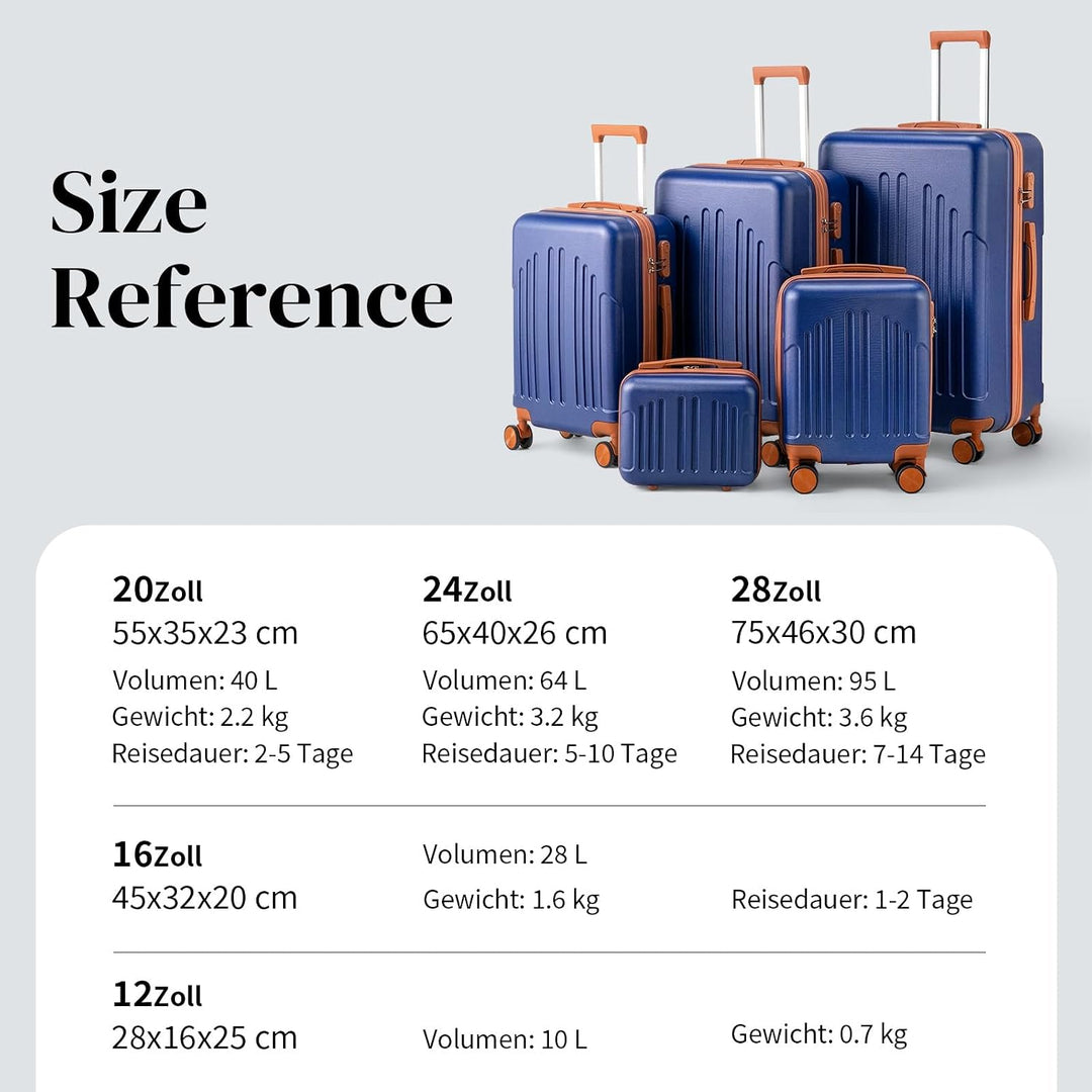 LALAHO Kofferset 5 teilig mit Kosmetikkoffer (Navy-Braun) | Hartschalen Koffer Set aus ABS, Reisekof