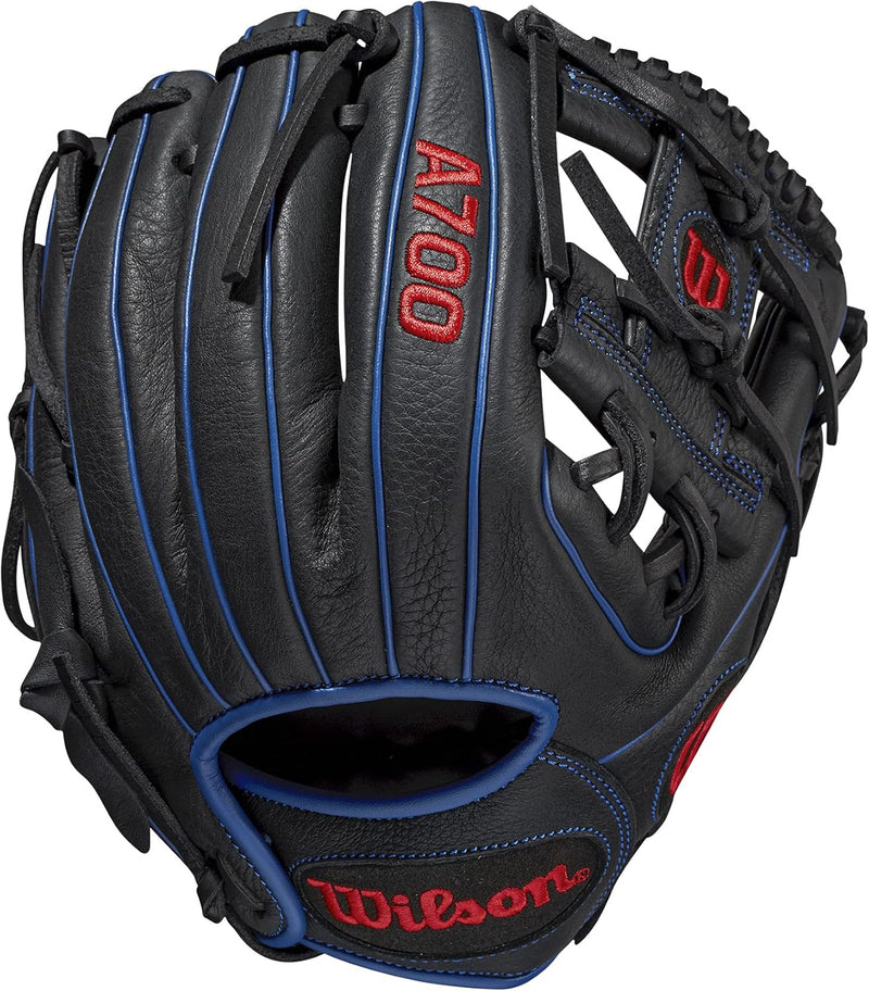 WILSON 2022 A700 Jugend-Baseball-Handschuh Schwarz/Blau/Rot 11.25 inch Rechte Hand Wurf, Schwarz/Bla