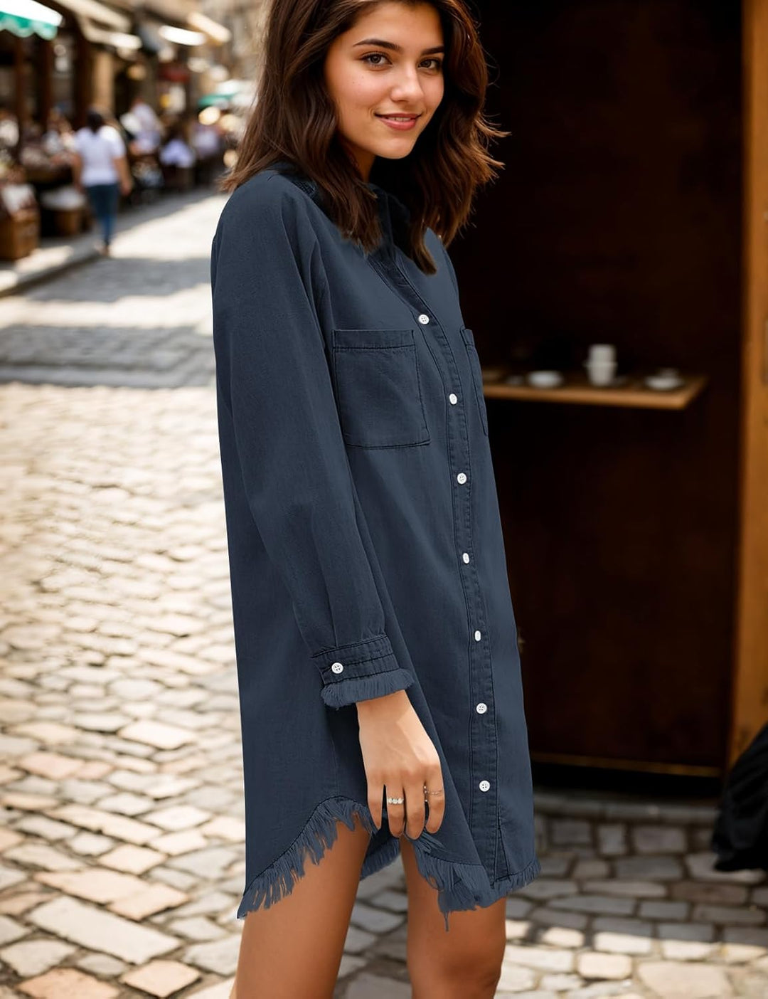 Zilcremo Damen V-Ausschnitt Blusenkleid Hemdkleid Jeanskleider Langarm Knopf Runter Shirtkleid Tunik