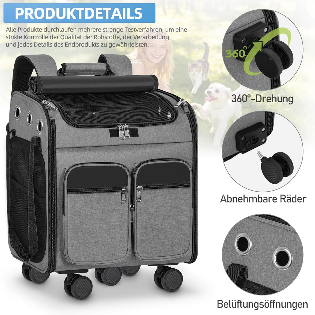 mit Trolley 2 in 1 bis 20 kg, Katzenrucksack Grosse Katzentragetasche mit Rollen, multifunktionaler