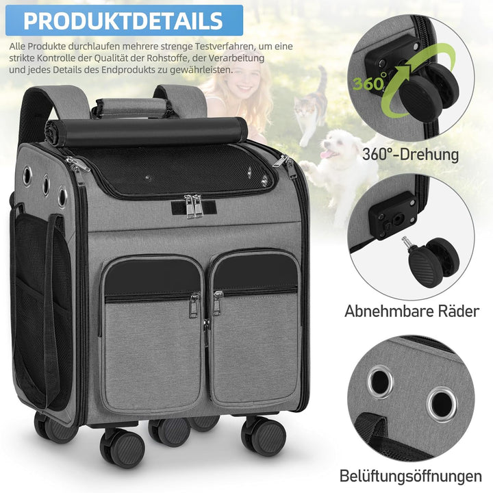 mit Trolley 2 in 1 bis 20 kg, Katzenrucksack Grosse Katzentragetasche mit Rollen, multifunktionaler