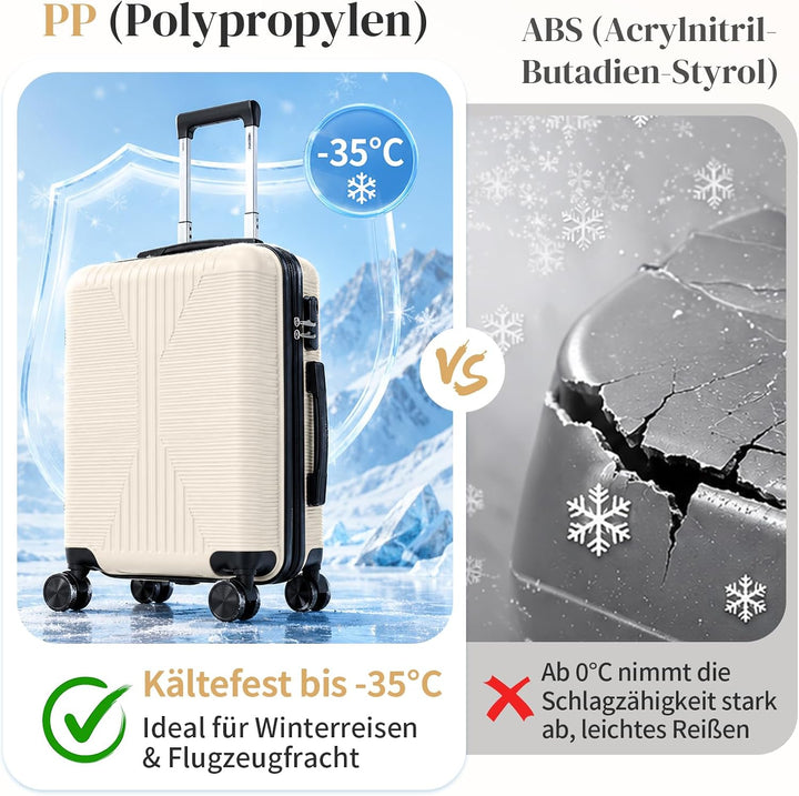 LEADZM Handgepäck Koffer aus PP, 55x35x21 cm (Cremeweiss, M) | 4x stossfester, kältefest bis -35 °C