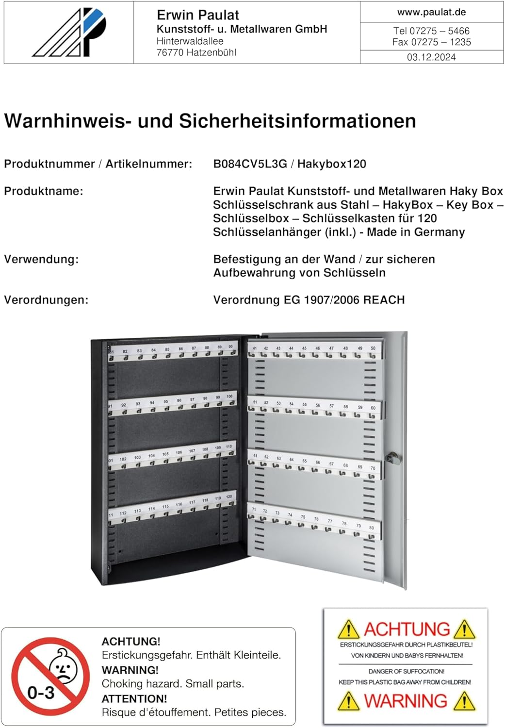 Erwin Paulat Kunststoff- und Metallwaren Haky Box Schlüsselschrank aus Stahl - Key Box - HakyBox - S