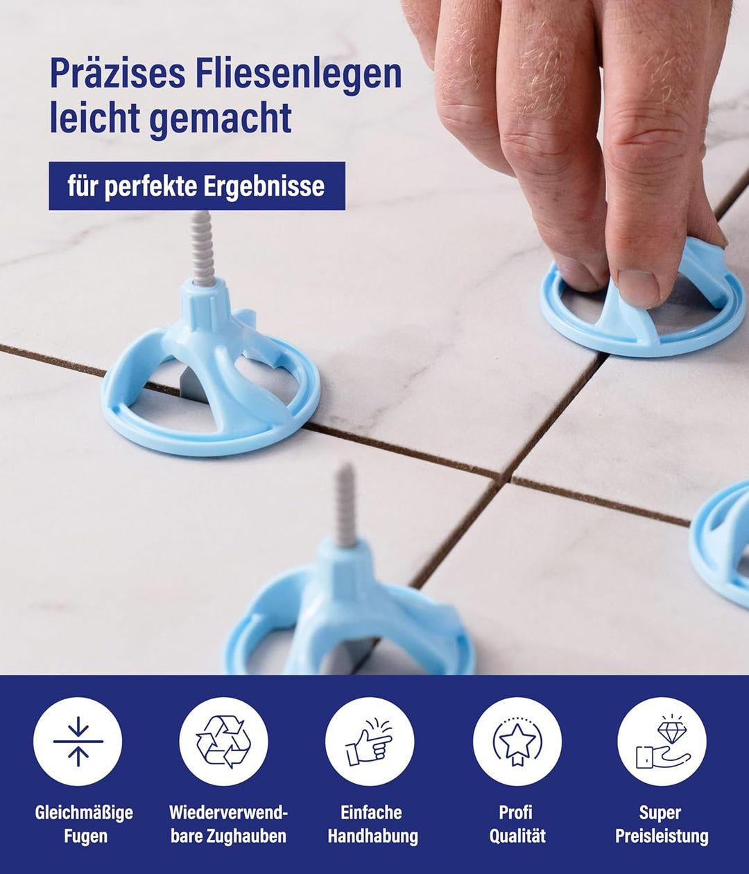 Fliesen Nivelliersystem Starter-Set für 2 mm Fugen: 50 Zughauben für 3-15 mm Fliesenstärke + 150 Bas