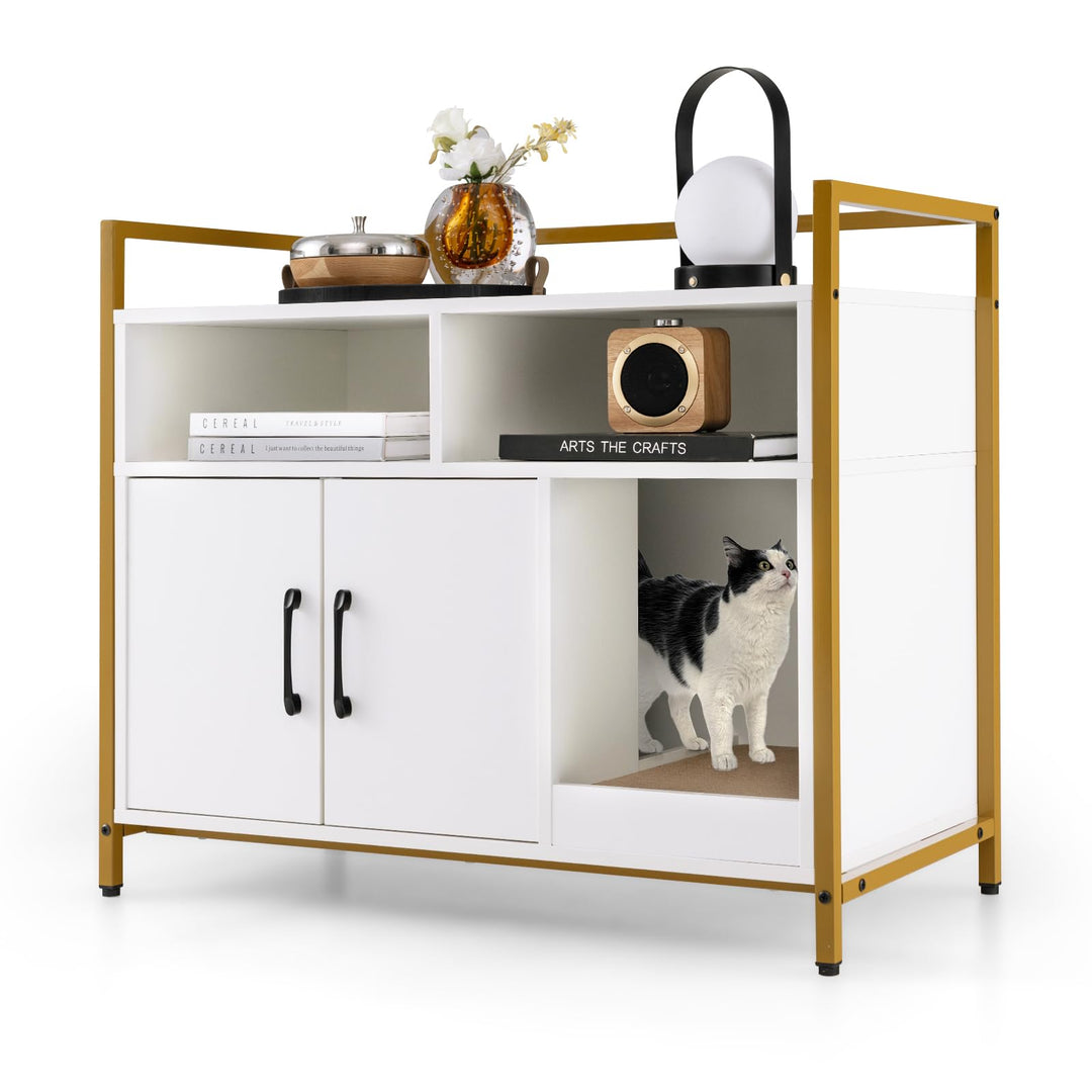 COSTWAY Katzenschrank Katzentoilette mit Doppeltüren &amp; Kratzunterlage, Katzenhaus mit offenem Regal