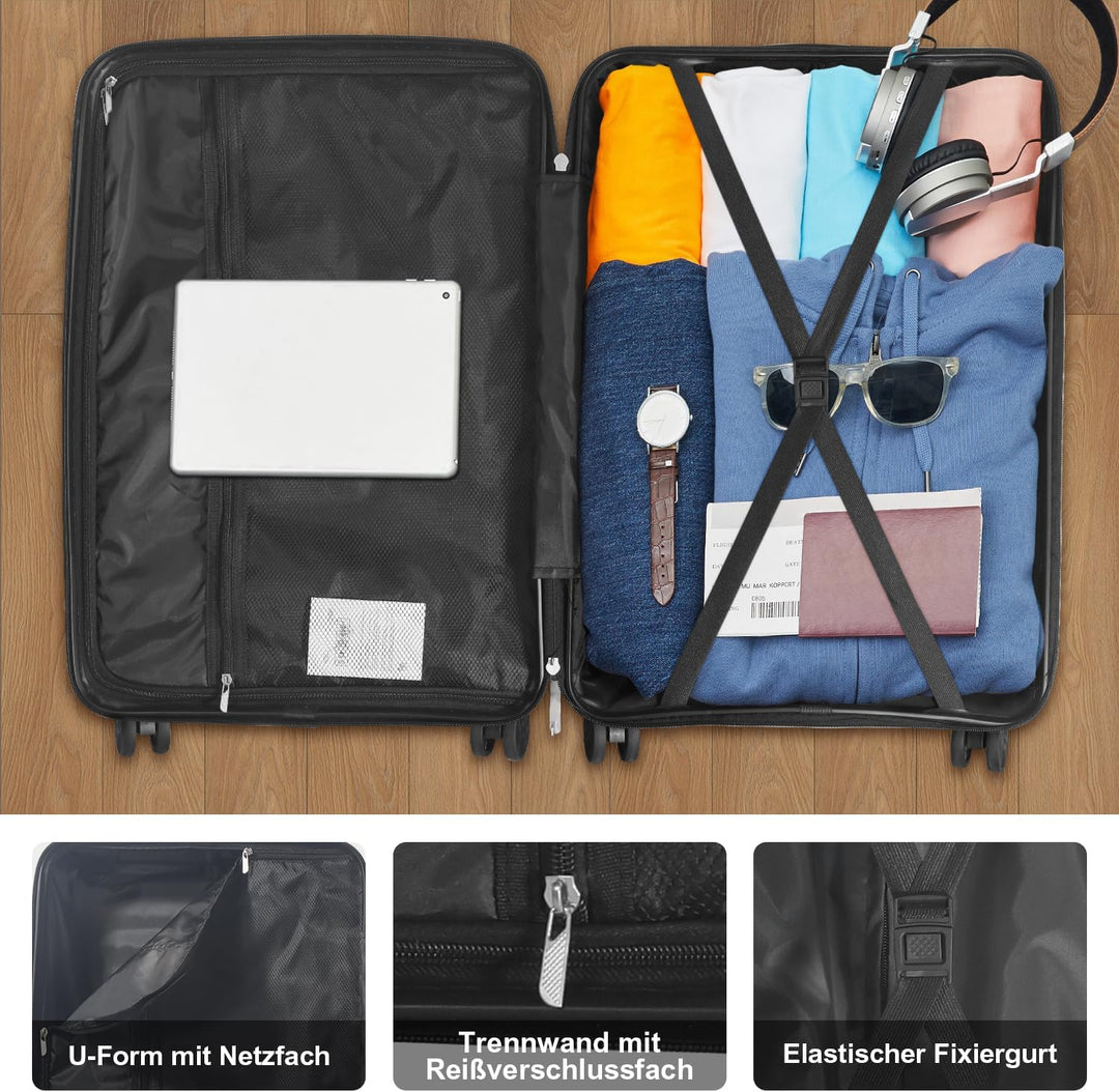 Hartschalen Kofferset 3-teilig, Schwarz | Polypropylen, 55/66/74 CM (43L/65L/110L), TSA Zahlenschlos