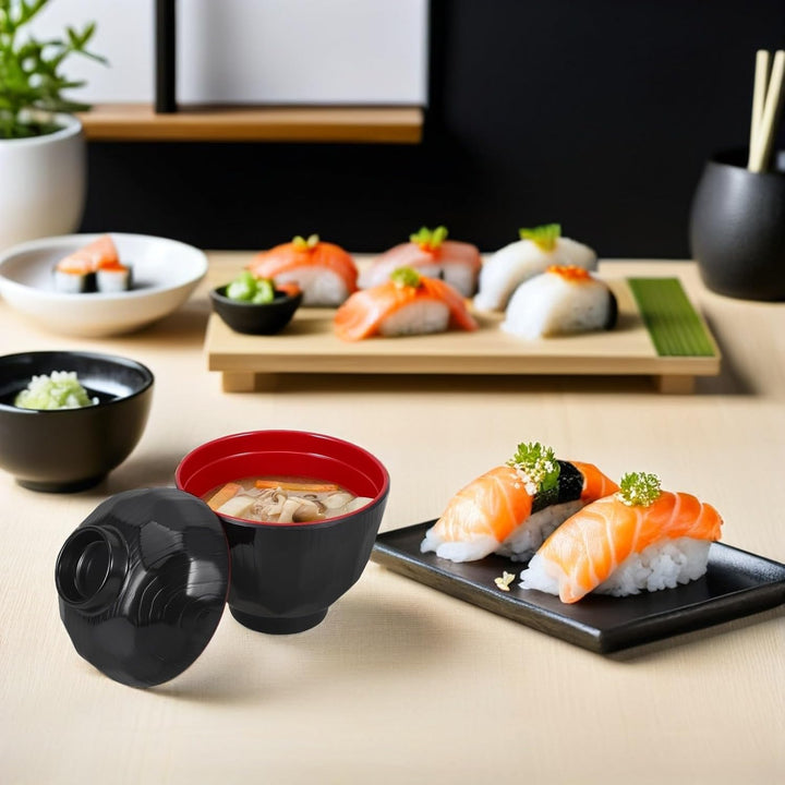 Supvox Japanische Reisschalen mit Deckel 2 Stück 180ml aus Kunststoff | Schwarz, Mikrowellengeeignet