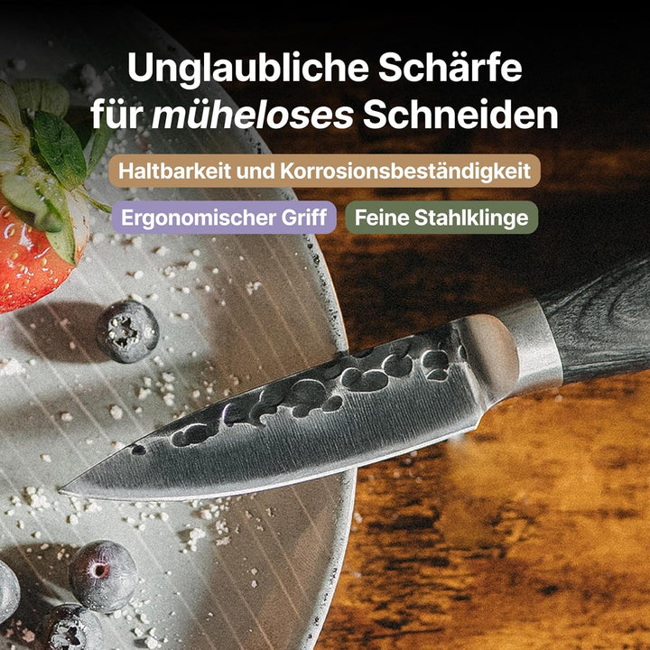 FIVI Officemesser LUCA | 9 cm | Kleines Küchenmesser aus deutschem Edelstahl mit Hammerschlag | Pakk