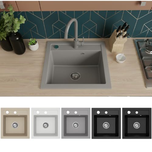 Faizee Möbel | Hochwertige beidseitig montierbare Granitspüle 48 x 50 cm in Grau – Eckige Einbauspül
