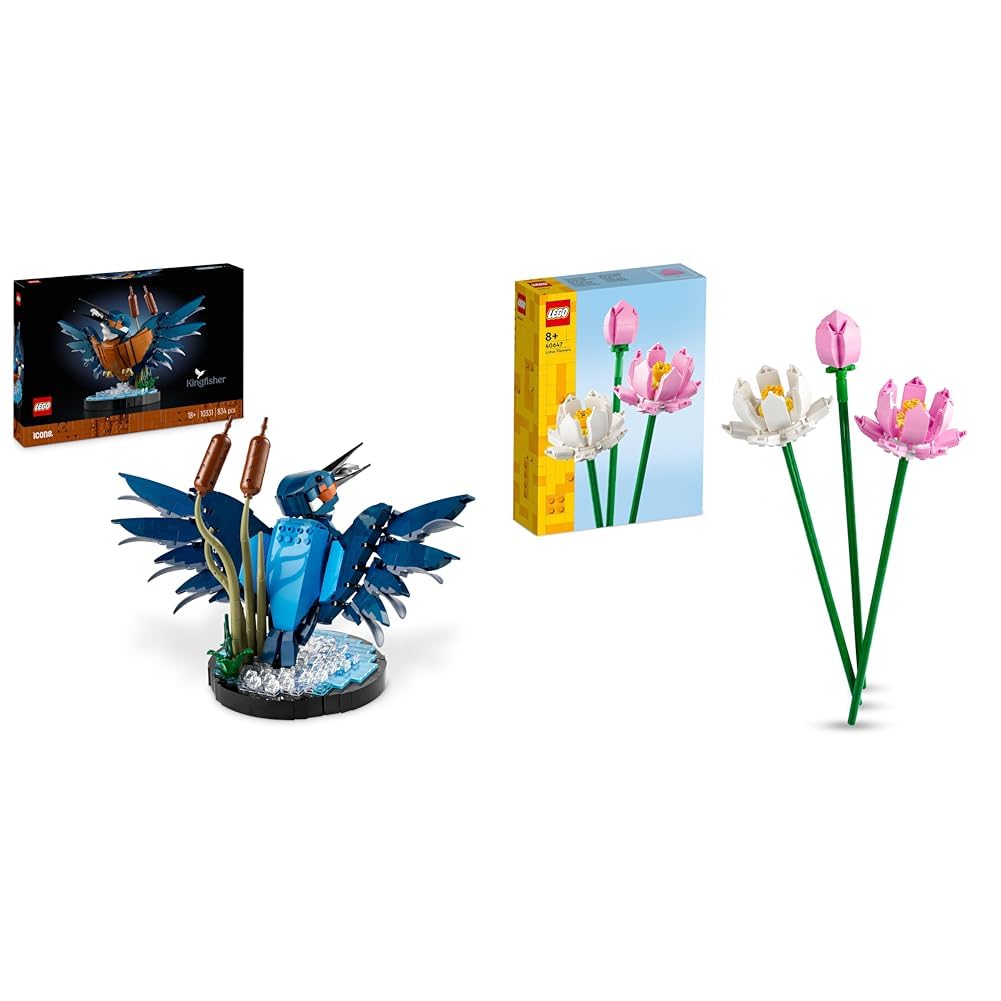 LEGO Icons Eisvogel Modellbausatz für Erwachsene, Vogel-Modell fürs Wohnzimmer & Creator Lotusblumen