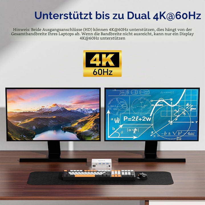 KVM Switch USB C Dock für 2 Laptops, KVM Switch 2 PC 2 Monitore USB-C HDMI, 4K@60Hz, MST, 80W PD, US