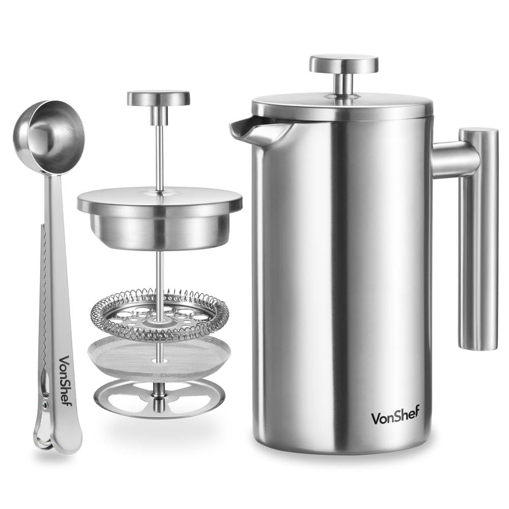 VonShef Edelstahl French Press für 6 Tassen, 800 ml – Doppelwandiger Kaffeebereiter mit Messlöffel/B