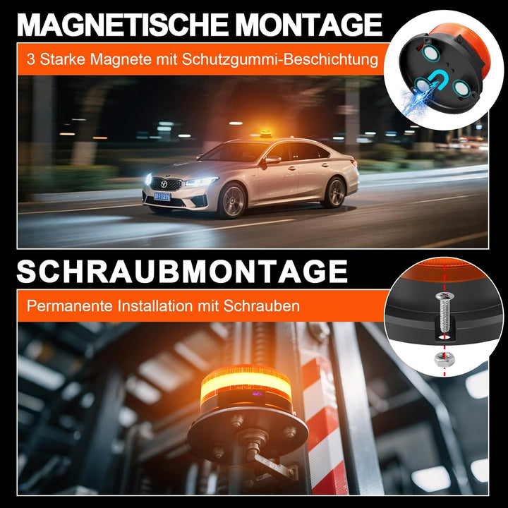 AnTom Rundumleuchte Akku mit Akkustandanzeige 9 Blitzmuster LED Rundumleuchte 12V Magnet Warnleuchte