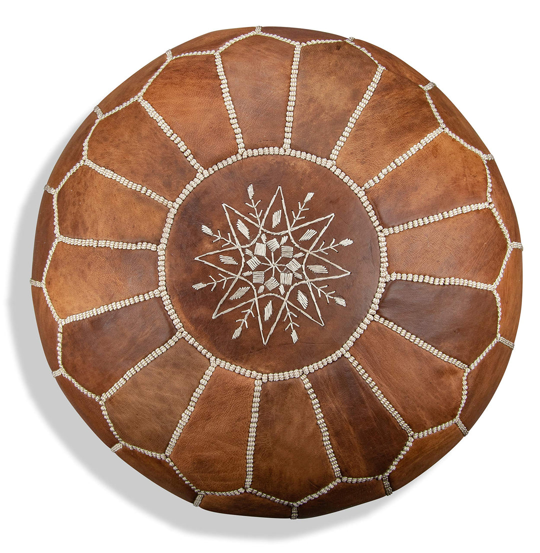 Marokkanischer Echtleder Pouf - Cognac Braun - Handgefertigt - gefüllt geliefert - Ottoman Sitzsack