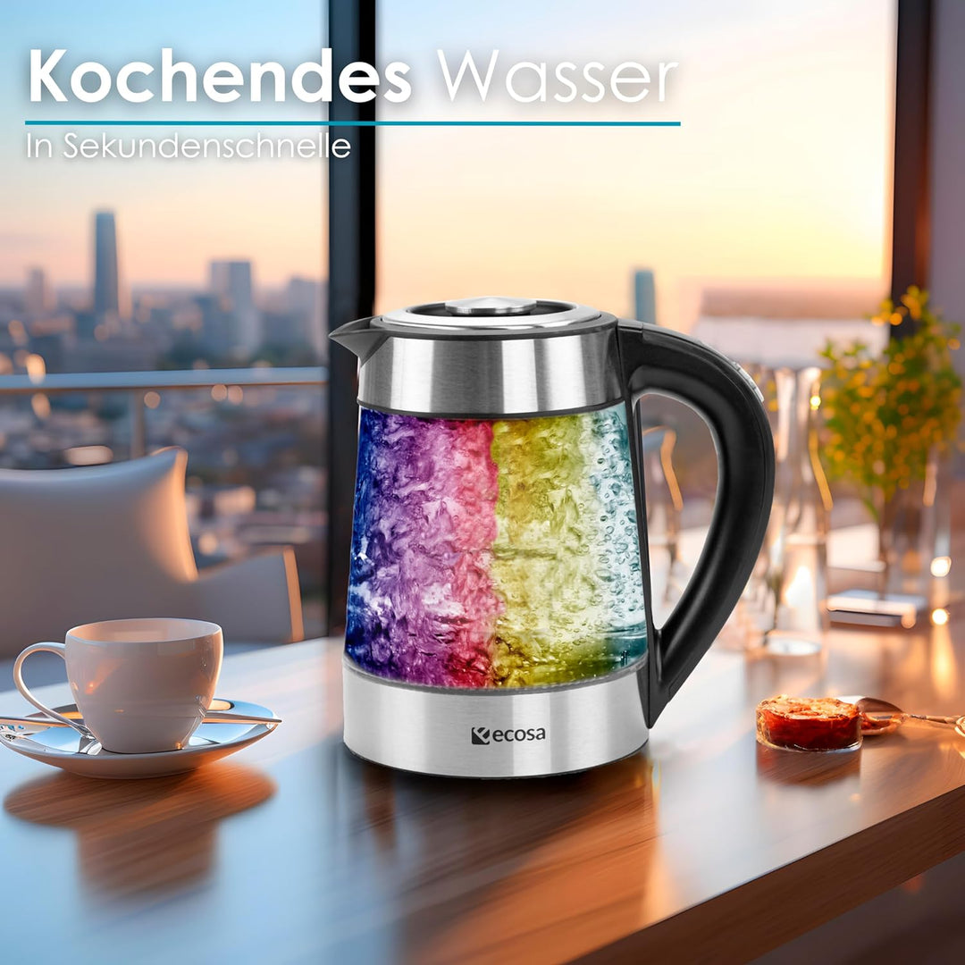 Glas Wasserkocher 1,7 Liter | 2200 Watt | Edelstahl mit Temperaturwahl | Teekocher | 100% BPA FREI |