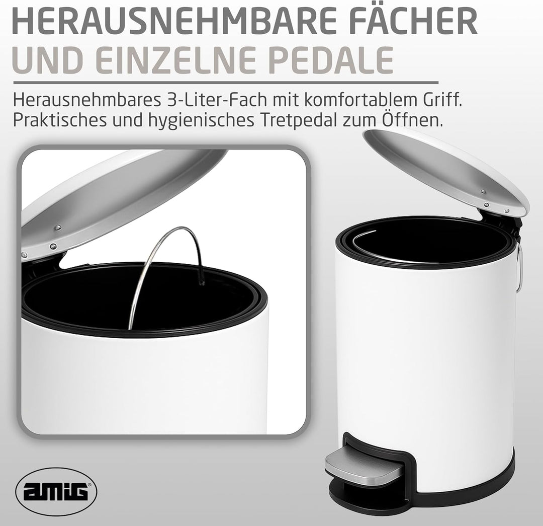 Amig - Kosmetikeimer mit Pedal 3L Tacto - Weiss - Hygienische Öffnung - Ø16,8 x 25,5 cm - Lackierter