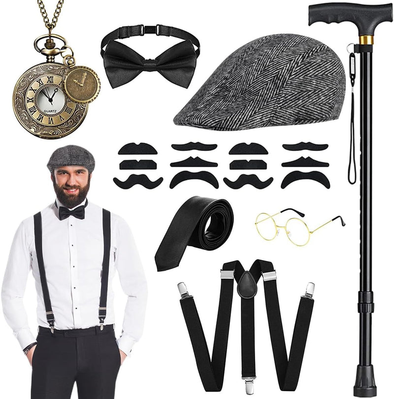 WILDPARTY 20er Jahre Kostüm Herren Accessoires, Faltbarer Krücken Metall, Panamahut, Taschenuhr, Met