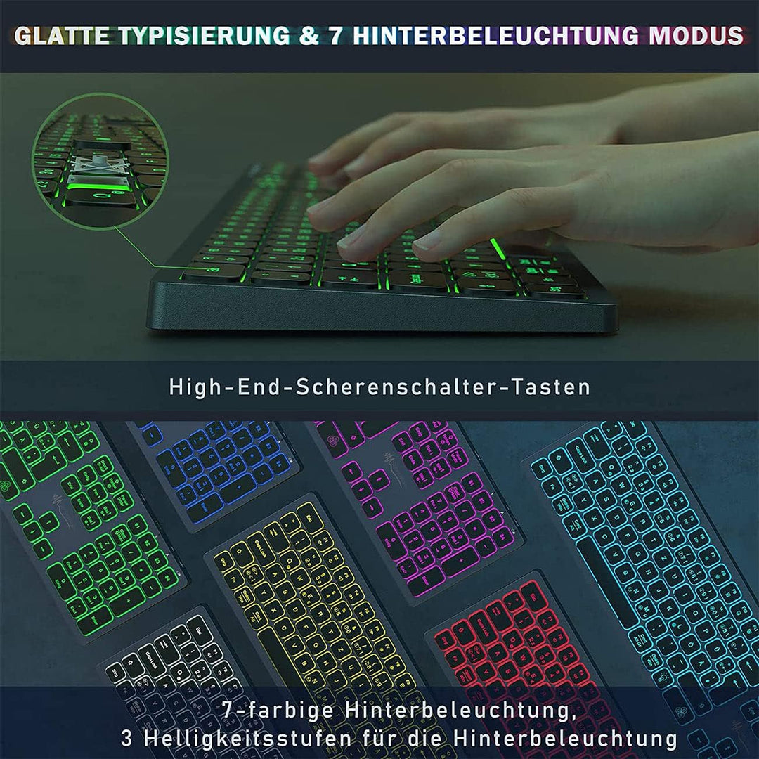 GeneralKeys Tastatur beleuchtet: Funk-Tastatur, farbige Beleuchtung, Slim, Scissor-Tasten, Akku, 2,4