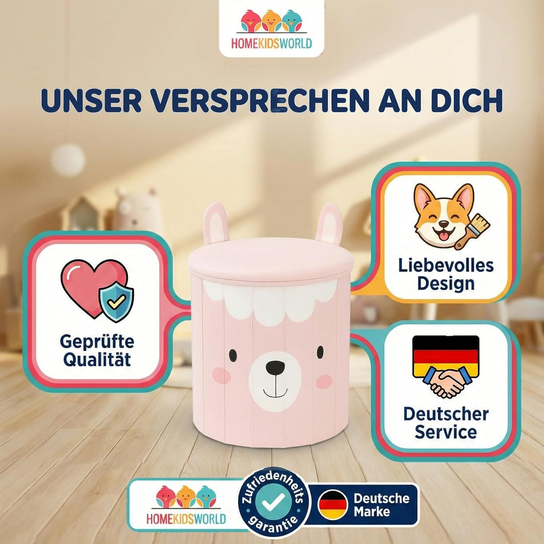 HomeKidsWorlds Kinderhocker Lama - Spielzeugkiste Kinderzimmer, Aufbewahrungsbox mit Deckel, Sitzbox