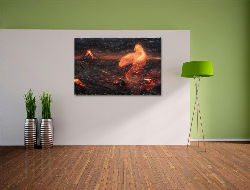 Pixxprint Brennender Phönix Vulkanlandschaft als Leinwandbild/Grösse: 100x70 / Wandbild/Kunstdruck/f
