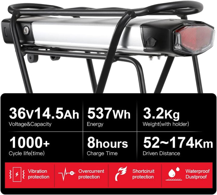 SEASON Gepäckträger Ebike Akku - 36V 13Ah 14.5Ah 15.6Ah 17.4Ah / 48V - 10.4Ah Lithinum-Ionen Batteri
