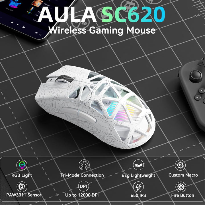 AULA SC620 Kabellose Gaming Maus,BT5.0/2.4G/USB-C,mit PixArt PAW3311-Sensor,12000DPI,8KHz,Feuertaste