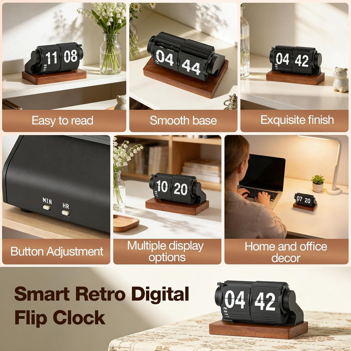Retro-Flip-Uhr, Vintage Digitale Klappuhr, Retro Uhr mit Holzsockel, automatisches Drehen, batterieb