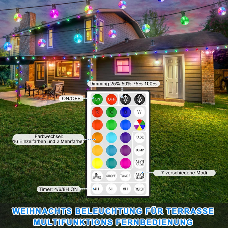 30 LED Lichterkette Aussen Bunt, Lichterkette Aussen Strom, 18 Farben Wasserdicht IP65 G40 Glühbirne