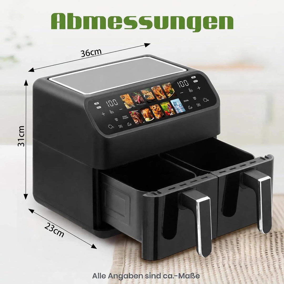 Heissluftfritteuse 9L XXL Dual 2000W, Airfryer mit 2 Kammern, Sichtfenster, Farb-Touchscreen, 10 Pro