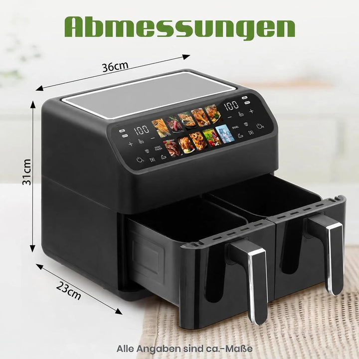 Heissluftfritteuse 9L XXL Dual 2000W, Airfryer mit 2 Kammern, Sichtfenster, Farb-Touchscreen, 10 Pro