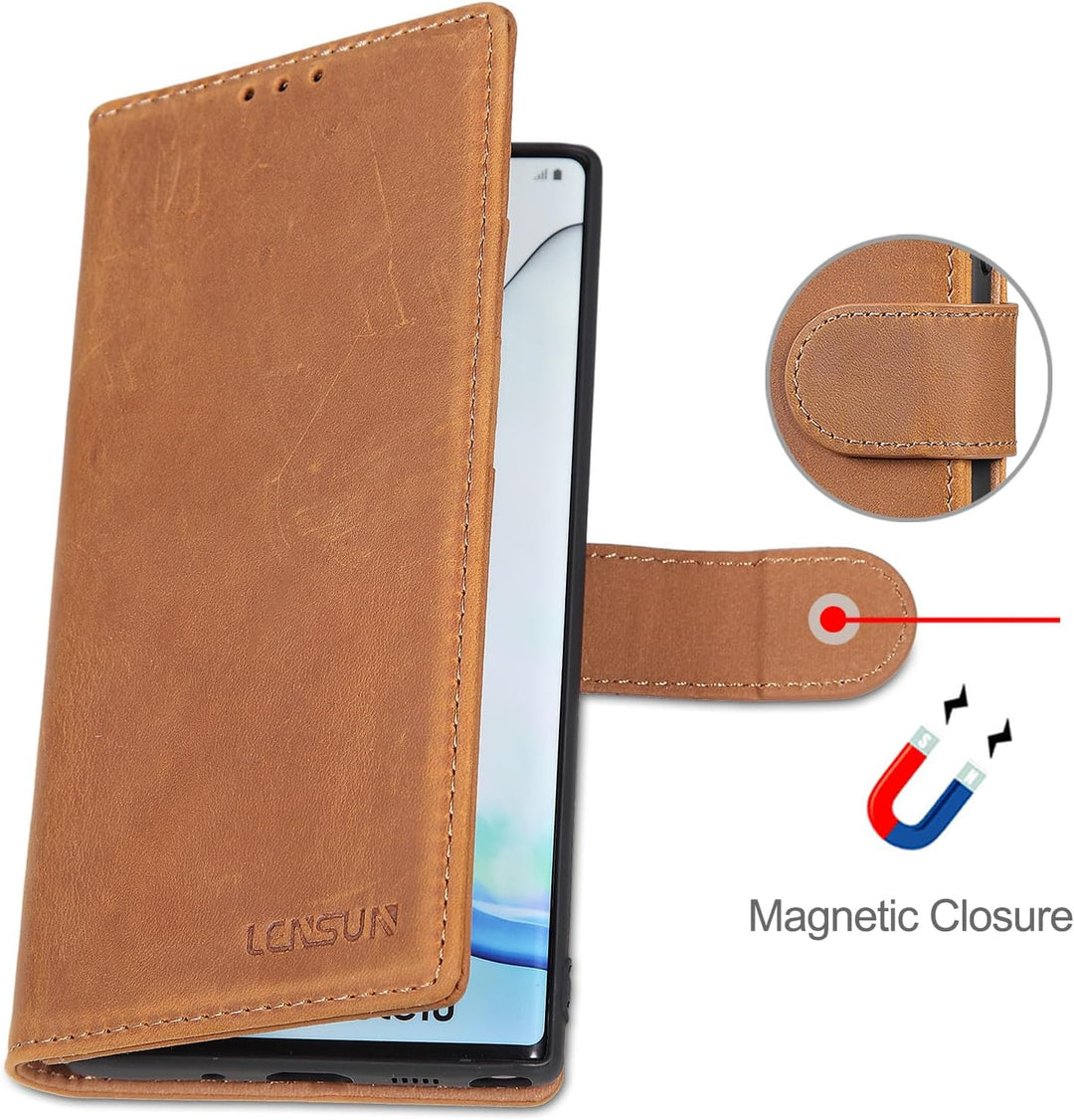 LENSUN Echtleder Hülle für Samsung Galaxy Note 10, Handyhülle [Echtes Leder] [Magnetverschluss] [RFI