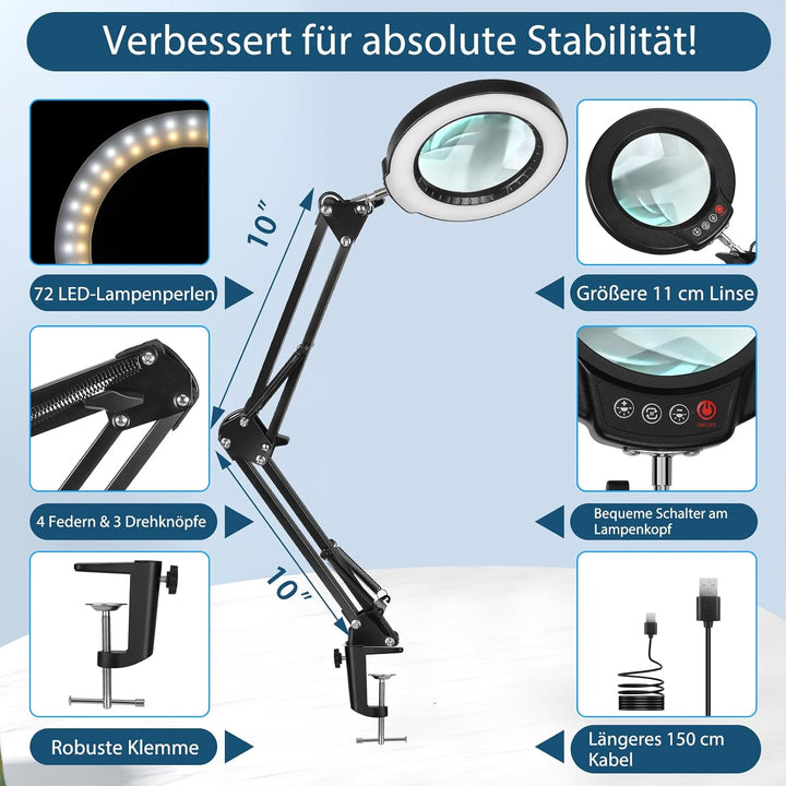 10X Lupe mit Licht und Klemme, LED Lupenlampe mit Glaslinse, 5 Farbmodi Stufenlosem Dimmen, Lupe mit