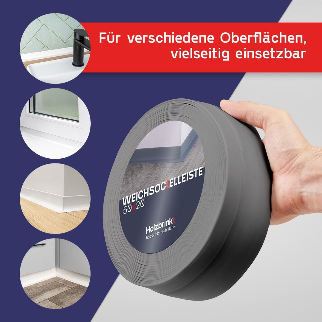 HOLZBRINK Weichsockelleiste selbstklebend HELLGRAU Knickleiste, 50x20mm, 25 Meter 25m Hellgrau, 25m