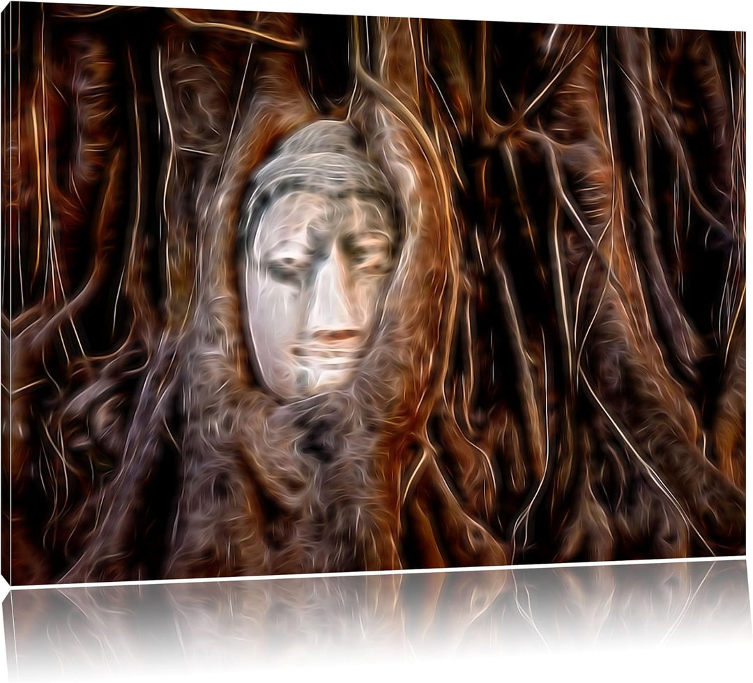 Kopf eines Buddhas versteckt zwischen Wurzeln abstrakt Format: 100x70 auf Leinwand, XXL riesige Bild