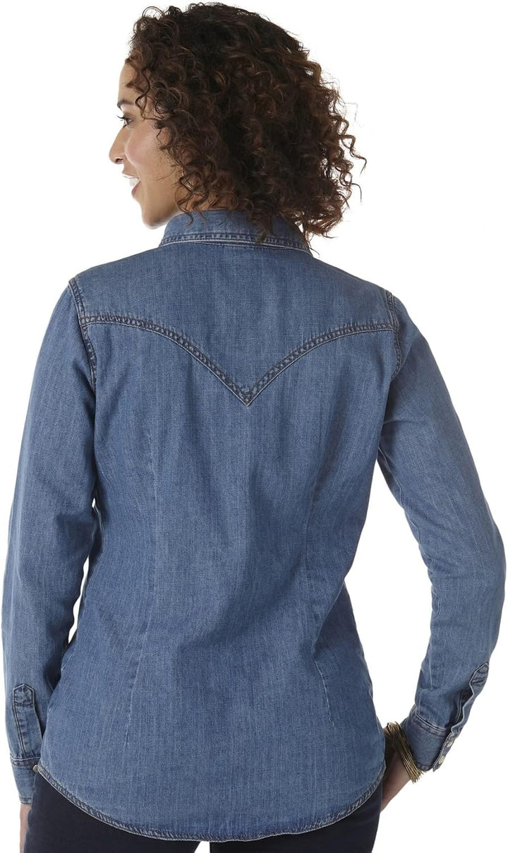 Wrangler, Retro Langarm-Western-Hemd für Damen mit Druckknöpfen, in Mittelblau S Mid-denim, S Mid-de