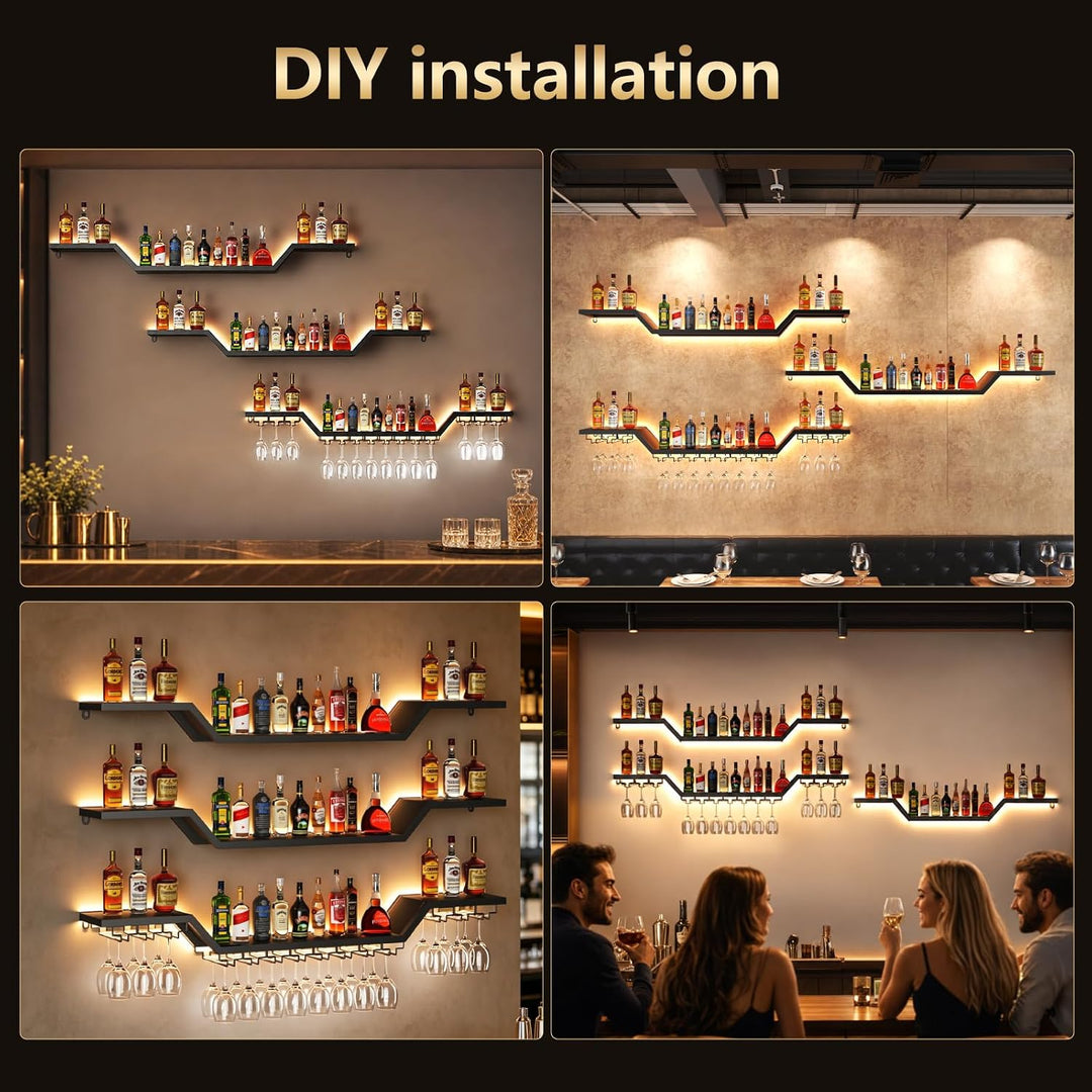 Wand Weinregal mit LED Beleuchtung, 3 Ebenen Weinpareite Display, 100cm | Schwebende Barregale mit G