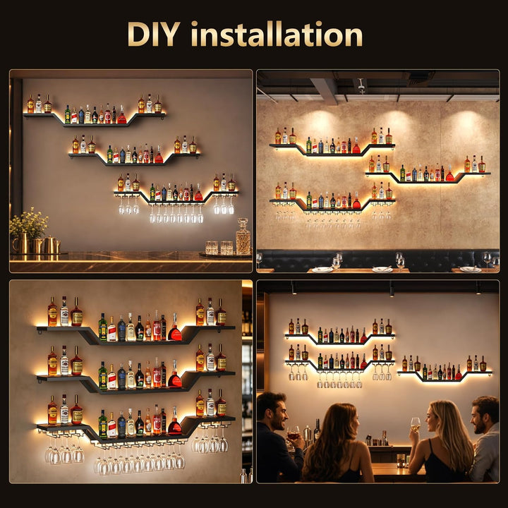 Wand Weinregal mit LED Beleuchtung, 3 Ebenen Weinpareite Display, 100cm | Schwebende Barregale mit G