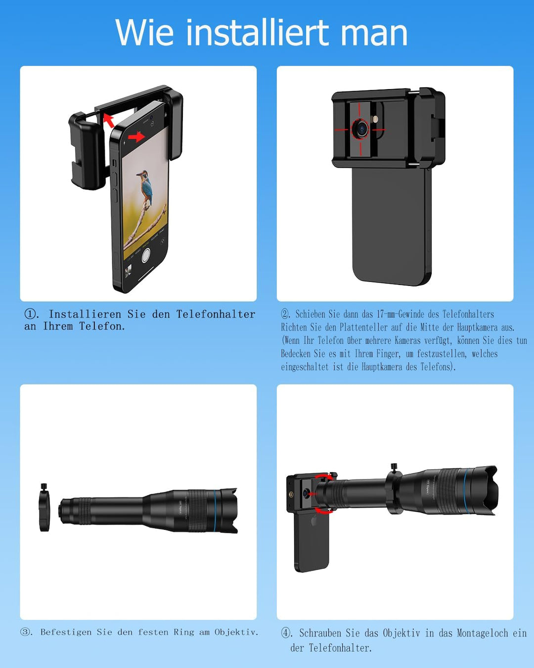 60X HD-Telefon-Teleobjektiv mit 110-cm-Stativ und Fernauslöser, Teleobjektiv für Mobiltelefone, funk