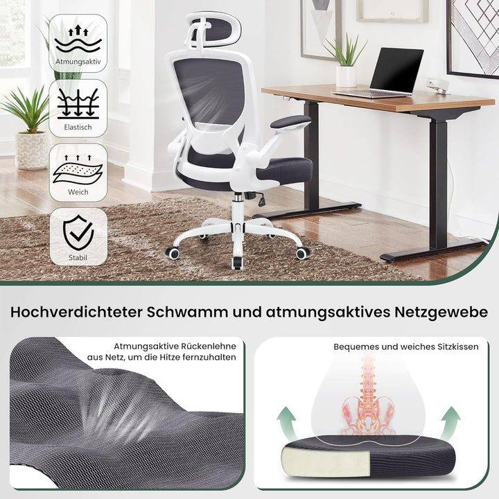 KERDOM Bürostuhl Schreibtischstuhl Ergonomisch, Chefsessel mit Verstellbarer Kopfstütze, Armlehnen,