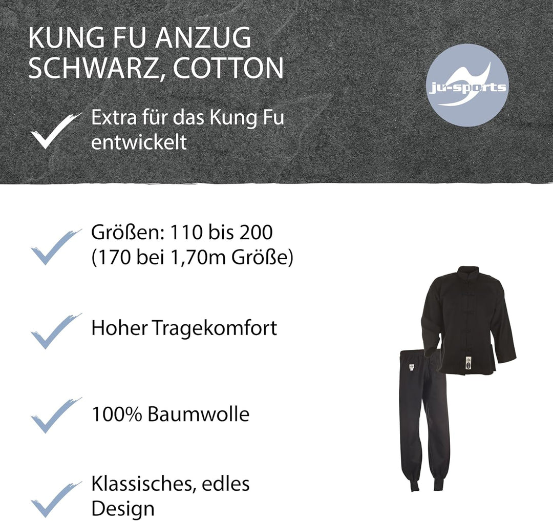 Ju-Sports Kung Fu Anzug schwarz - Solider Kampfsport Anzug im klassischen Schnitt mit Kordelknöpfen
