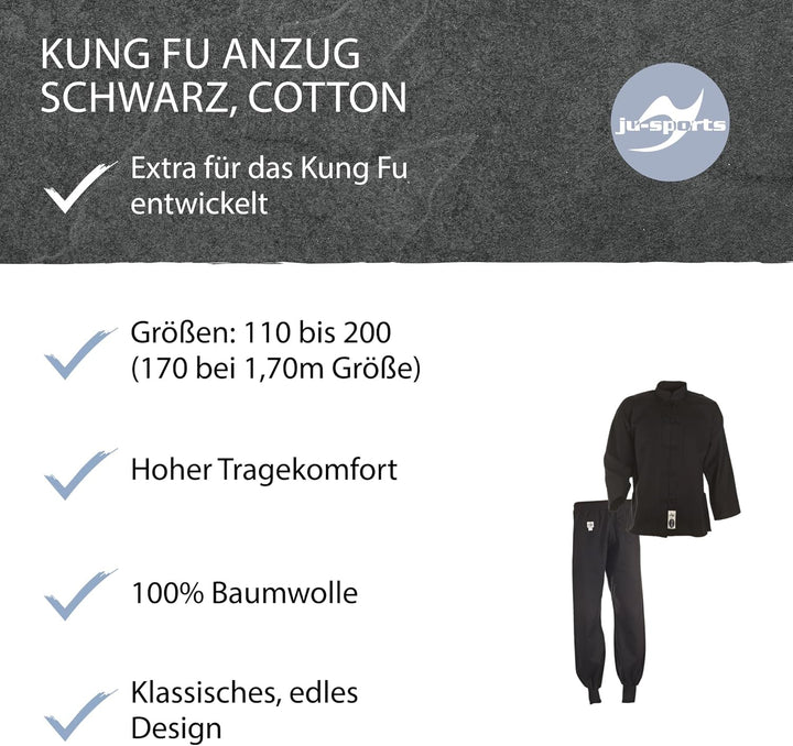 Ju-Sports Kung Fu Anzug schwarz - Solider Kampfsport Anzug im klassischen Schnitt mit Kordelknöpfen