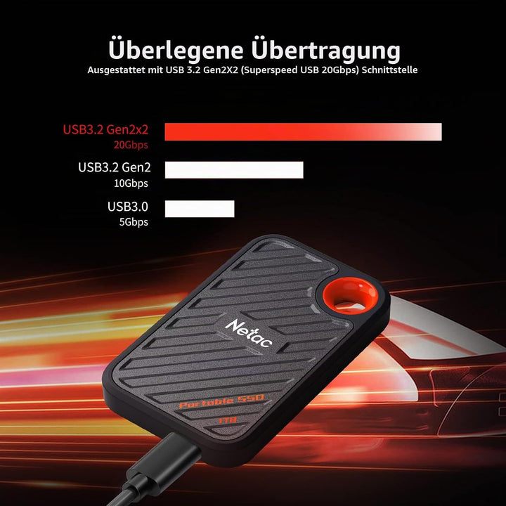 Netac ZX20 Extreme SSD 1TB Portable NVMe SSD USB 3.2 Gen 2x2 Bis zu 2000MB/s Lesen und 1700MB/s Schr