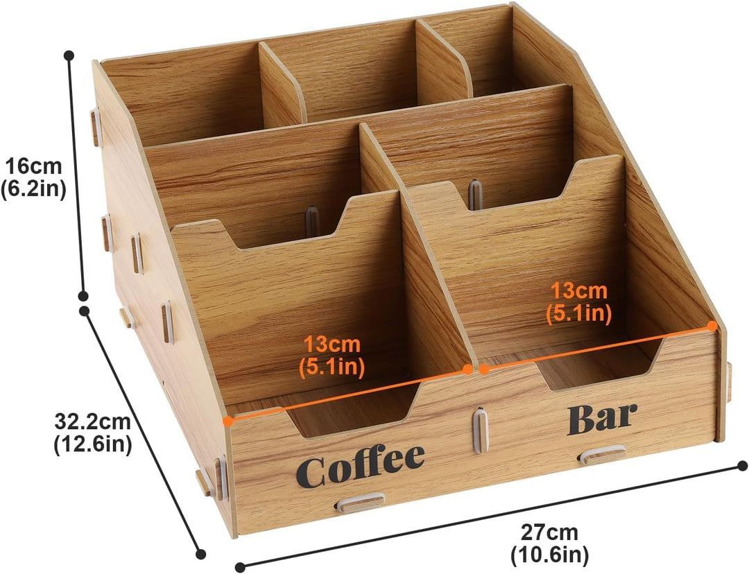 Kaffee Organizer Holz mit 7 Fächern & herausnehmbaren Trennwänden – Kaffeestation & Gewürz Organizer