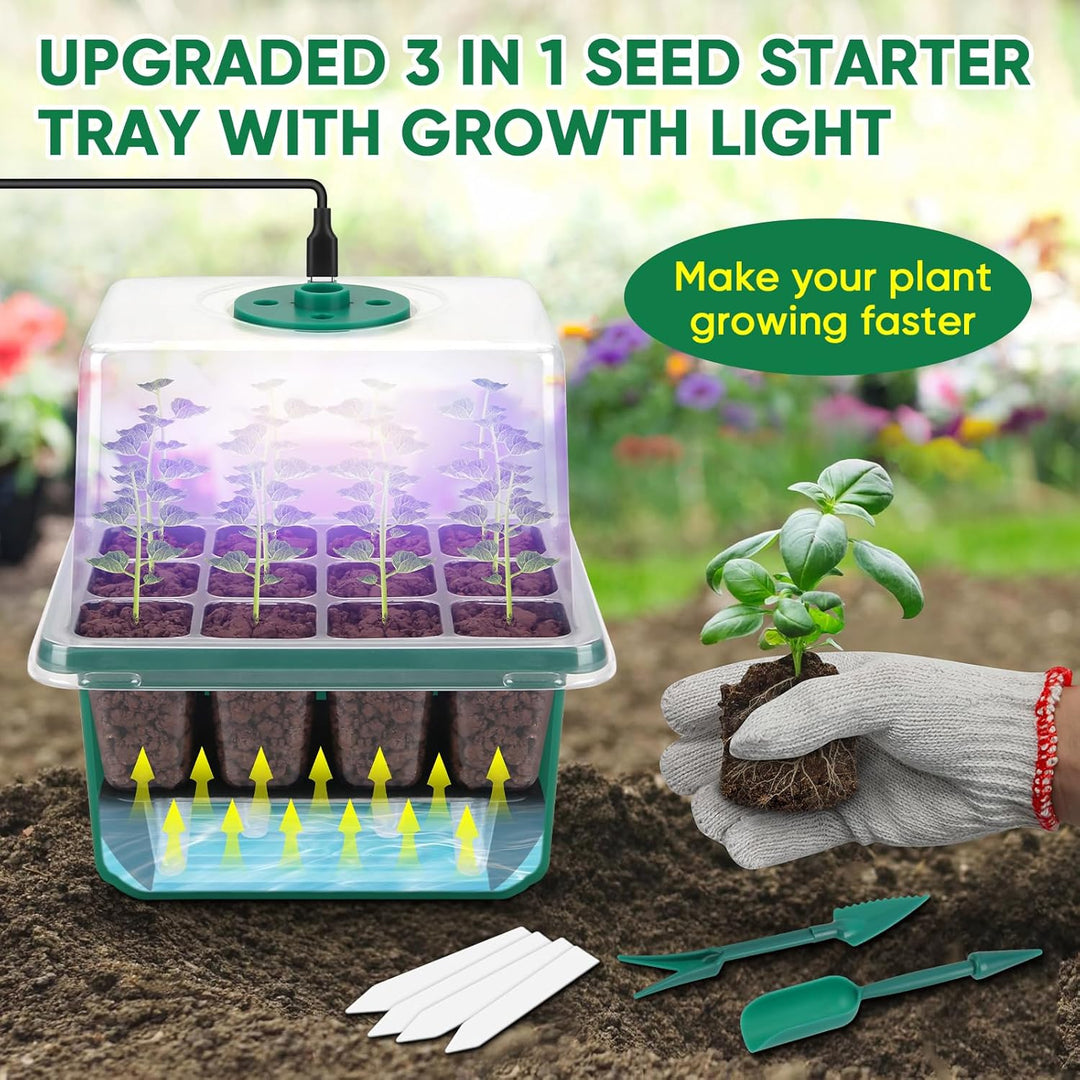 BlumWay Selbst-Bewässerung Seed Starter Tray Kit, Zimmergewächshaus Anzuchtkasten mit Pflanzenlampe,