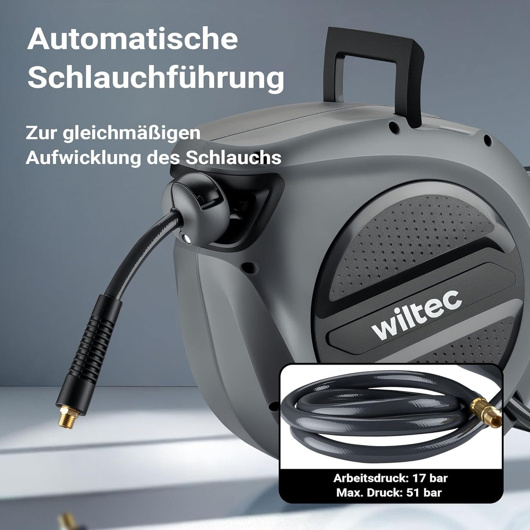 Wiltec Druckluft Schlauchtrommel 15 m, automatische Druckluftschlauchtrommel Stahl, 17 bar Druckluft